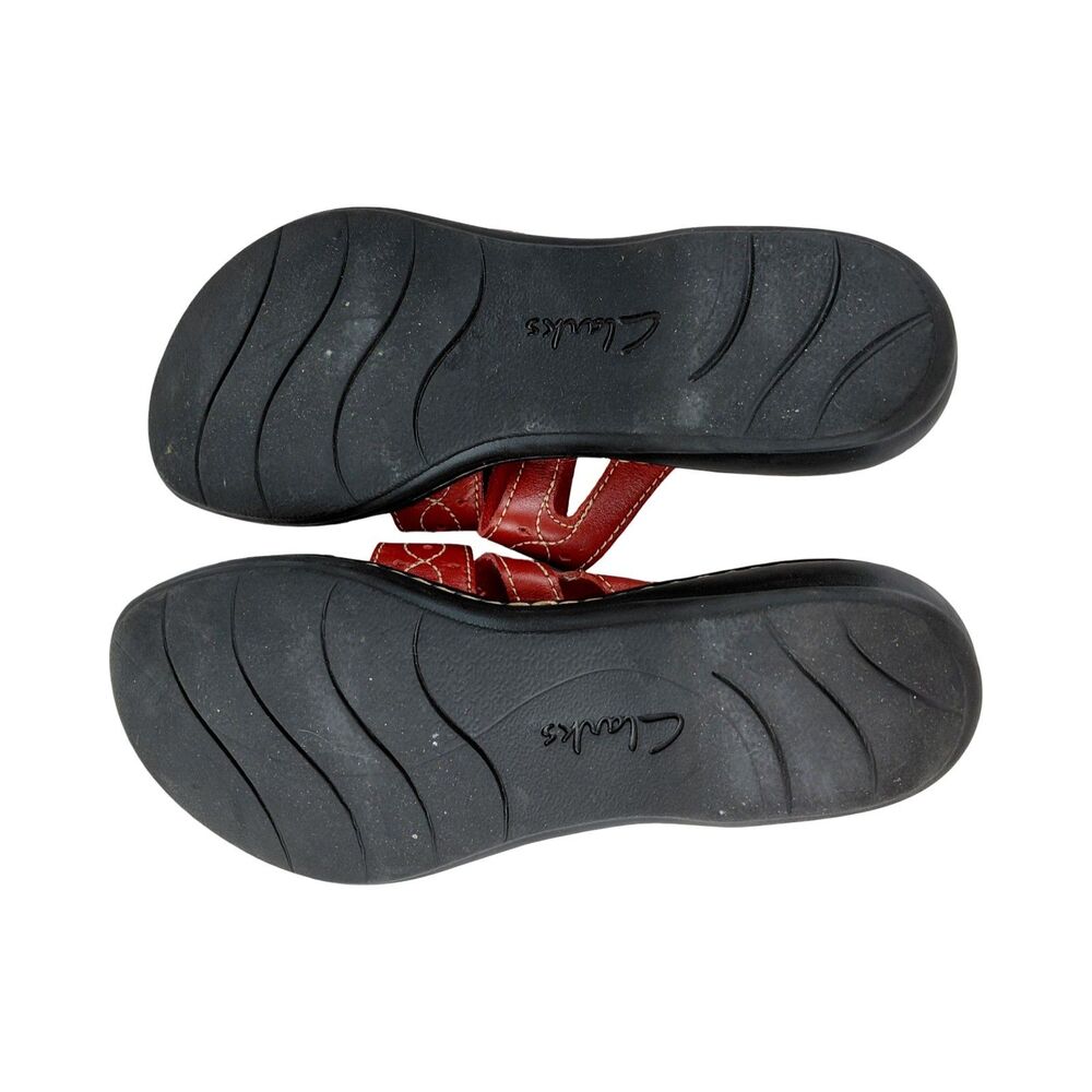 Clarks Red Leather Wedge Sandals Slip On Strappy Cutout Womens Size 9N - Picture 8 of 9
